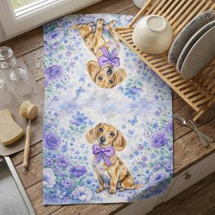 Watercolor Dachshund Paarse Bloemen Theedoek