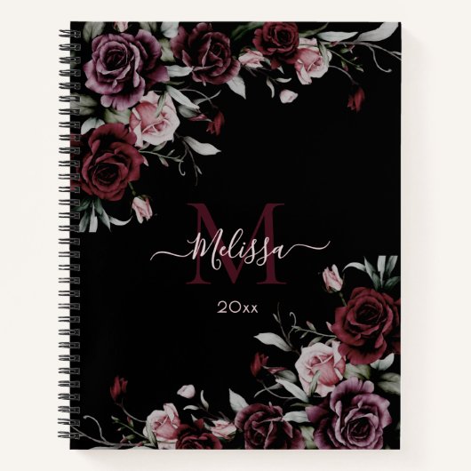 Watercolor Dark Moody Roses Monogram Black Notitieboek (Voorkant)