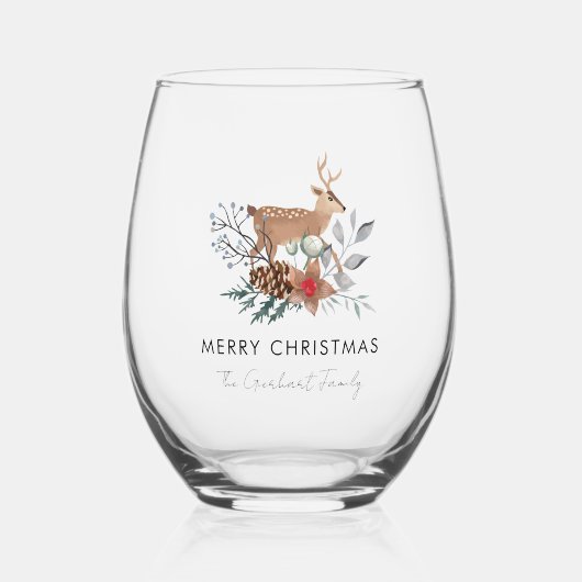 Watercolor Deer Botanical Christmas Holiday Wijnglas Zonder Voet (Voorkant)