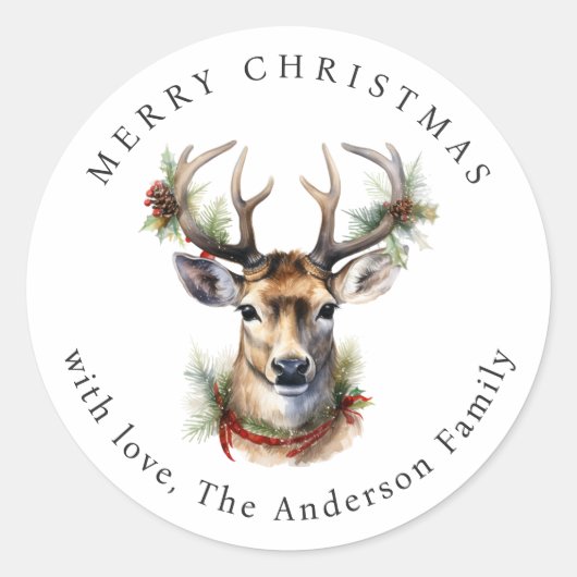 Watercolor Deer Christmas Ronde Sticker (Voorkant)