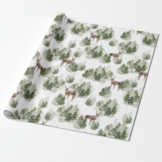 Watercolor Deer Winter Forest Cadeaupapier (Uitgerold)