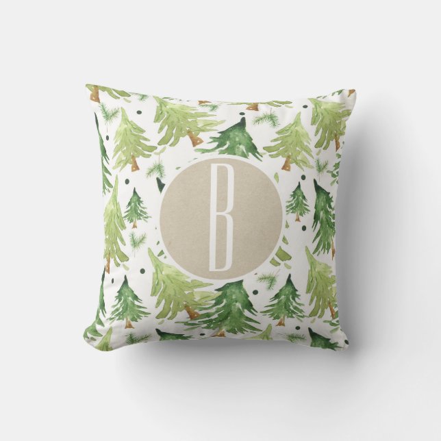 Watercolor Dennenbomen Modern Rustic Monogram Kraf Kussen (Voorkant)