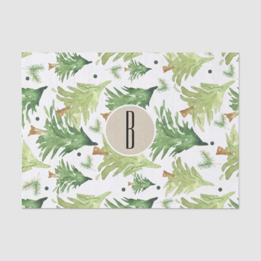 Watercolor Dennenbomen Modern Rustisch Monogram Kr Tissuepapier (Voorkant)