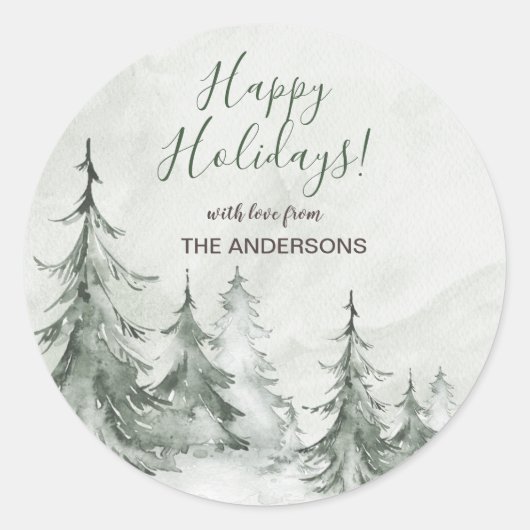 Watercolor dennenbomen Winter, kerstfeest Ronde Sticker (Voorkant)