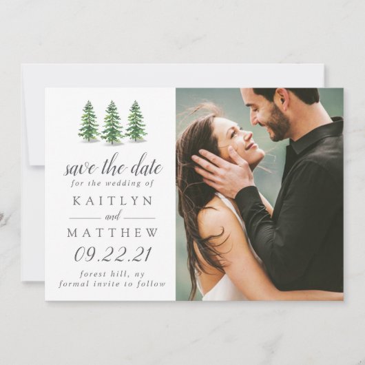 Watercolor Dennenboom Bos Bruiloft Save The Date (Voorkant)