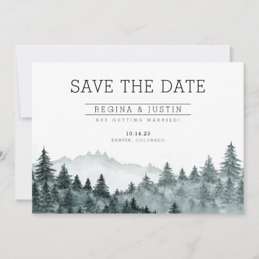 Watercolor Dennengebergte Save the Date Kaart (Voorkant)