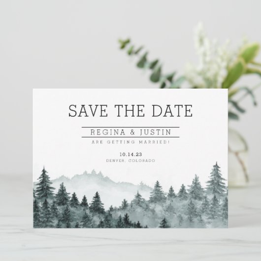 Watercolor Dennengebergte Save the Date Kaart (Staand voorkant)