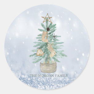 Watercolor Dennengebint Vrolijk Kerstmis Blauw Bok Ronde Sticker