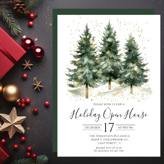 Watercolor Dennengebomen Kerst Open Huis Kaart