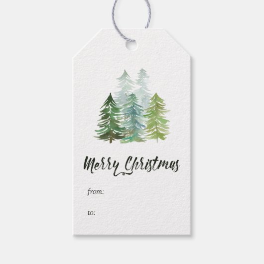 Watercolor Dennengebomen Kerstmis Cadeaulabel (Voorkant)