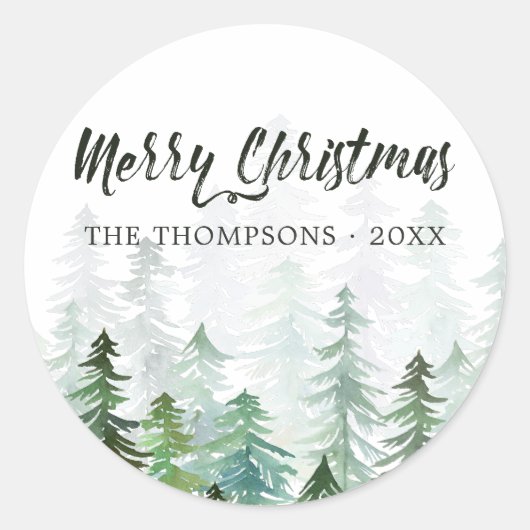 Watercolor Dennengebomen Kerstmis Ronde Sticker (Voorkant)