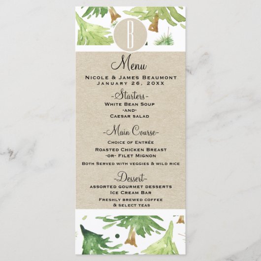 Watercolor Dennengebomen Rustiek Kraft Trouwmenu Menu (Voorkant)