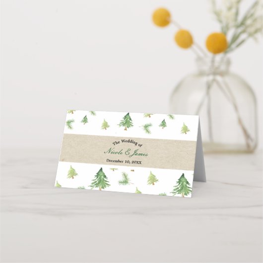 Watercolor Dennengebomen Winter Bruiloft Tafel Sto Plaatskaartje (Voorkant)