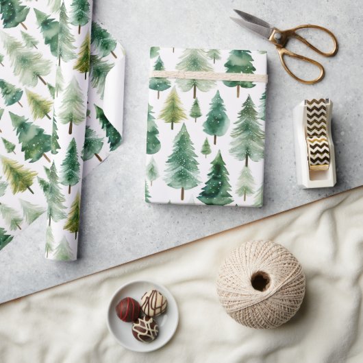 Watercolor Dennengebomen Winter Kerstmis Cadeaupapier (Crafts)