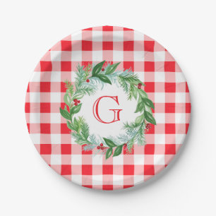 Watercolor Dennengroen Krans MONOGRAM Rood Geruit Papieren Bordje