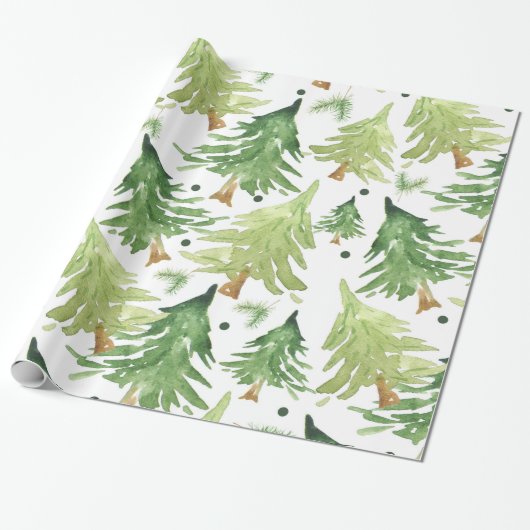 Watercolor Dennenhout Moderne Rustiek Cadeaupapier (Uitgerold)