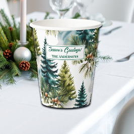 Watercolor Dennenpatroon Elegante Winter  Papieren Bekers