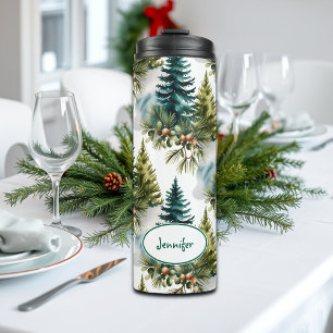 Watercolor Dennenpatroon Elegante Winter Thermosbeker