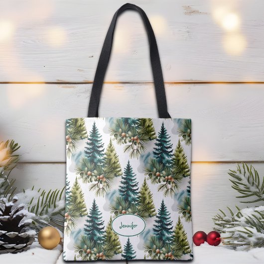 Watercolor Dennensjabloon Elegante Winter Tote Bag