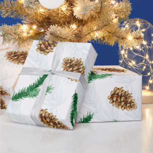 Watercolor Dennentakken en Denneappels Kerstmis Cadeaupapier