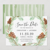 Watercolor Dennenzakje Elegant Eenvoudige Winter Save The Date (Voorkant / Achterkant)