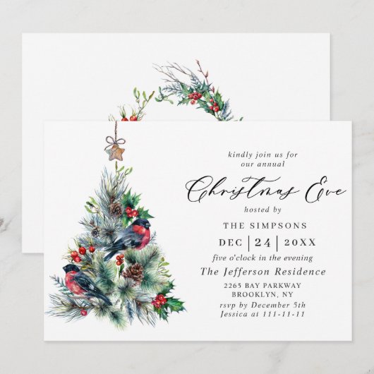 Watercolor Dennnenboom Chic Vakantie Kerstavond Kaart (Voorkant / Achterkant)