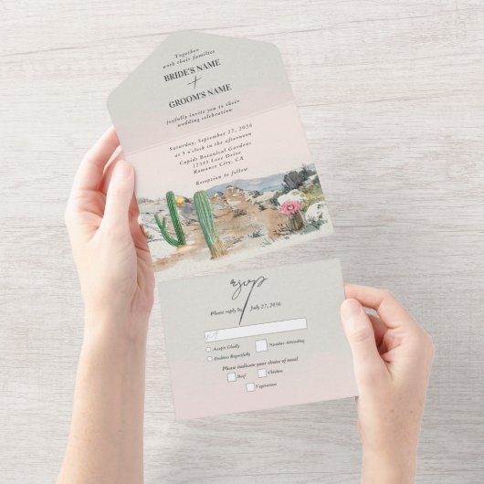 Watercolor Desert Cactus Boho Wedding All In One Uitnodiging (Afscheurbaar)