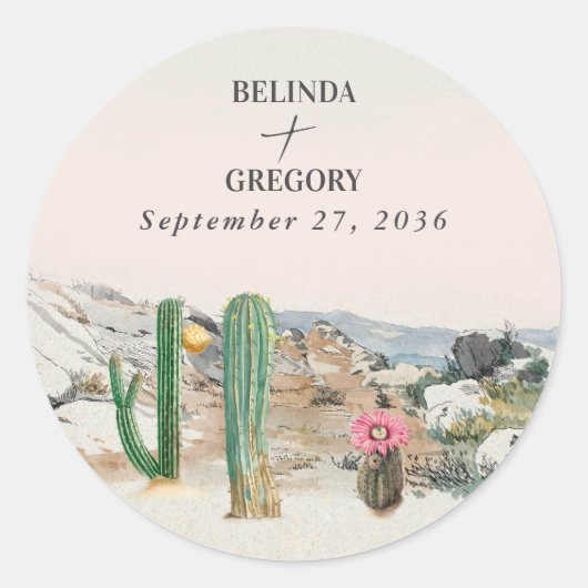 Watercolor Desert Cactus Boho Wedding Ronde Sticker (Voorkant)