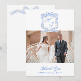 Watercolor Designer Blauwe Monogram Foto Bedankkaart