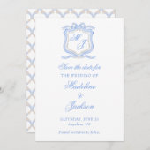 Watercolor Designer Blauwe Monogram Wapen Huwelijk Save The Date (Voorkant / Achterkant)