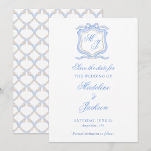 Watercolor Designer Blauwe Monogram Wapen Huwelijk Save The Date