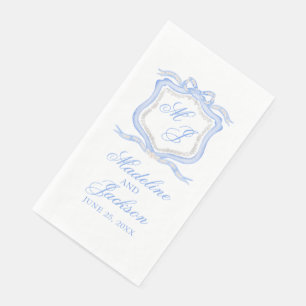 Watercolor Designer Blauwe Monogram Wapen Huwelijk Servet