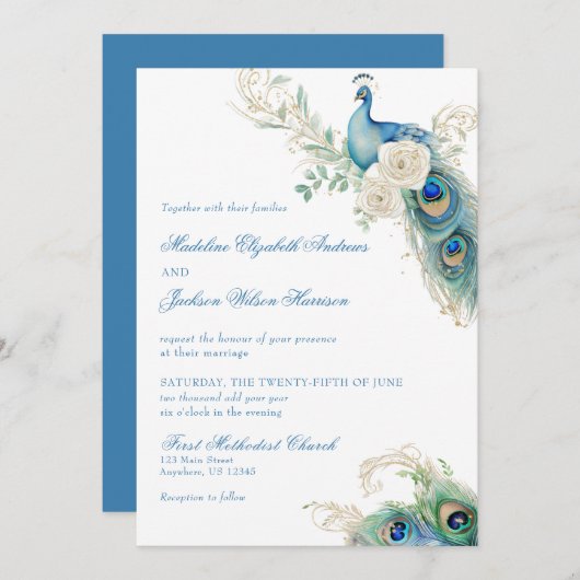 Watercolor Designer Blue Monogram Crest Wedding Kaart (Voorkant / Achterkant)