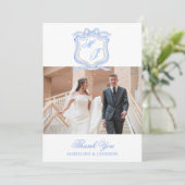 Watercolor Designer Blue Monogram Foto Bedankkaart (Staand voorkant)