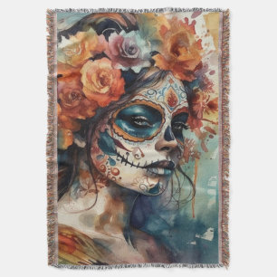 Watercolor Día de los Muertos Catrina Portret Deken