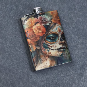 Watercolor Día de los Muertos Catrina Portret Heupfles