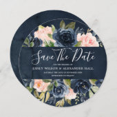 Watercolor Diep Navy Blush Bloem Save The Date (Voorkant / Achterkant)