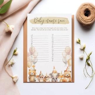 Watercolor Dieren baby naam race baby shower spel
