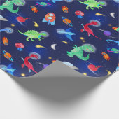 Watercolor Dinosaur Astronauts In Space Blue Cadeaupapier (Hoek)