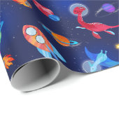 Watercolor Dinosaur Astronauts In Space Blue Cadeaupapier (Rol Hoek)