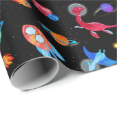 Watercolor Dinosaur Astronauts In Space Blue Cadeaupapier (Rol Hoek)