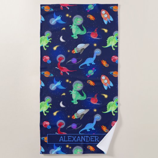 Watercolor Dinosaur Astronauts In Space Blue Strandlaken (Voorkant)