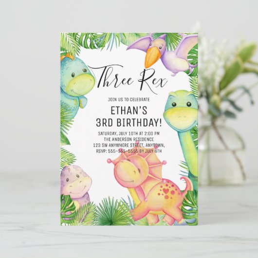 Watercolor Dinosaur Drie Rex 3e Verjaardag Kaart (Staand voorkant)