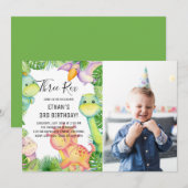 Watercolor Dinosaur Drie Rex 3e Verjaardagsfoto Kaart (Voorkant / Achterkant)