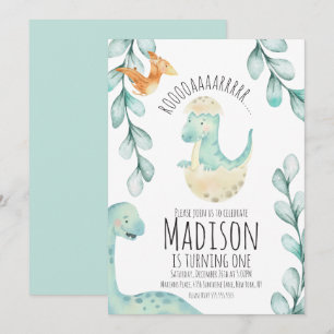 Watercolor Dinosaur Eerste Verjaardagsfeest Teal Kaart