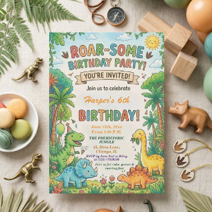 Watercolor Dinosaur Jungle 6de Verjaardagsfeestje Kaart