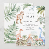 Watercolor Dinosaur Kids Birthday Party Invitation Kaart (Voorkant / Achterkant)