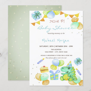 Watercolor Dinosaurië Rijdt Langs Baby Shower Kaart