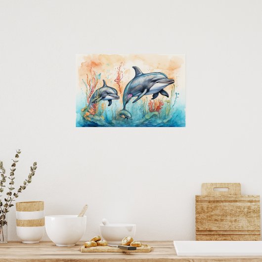 Watercolor dolfijnen kunstprint poster (Keuken)