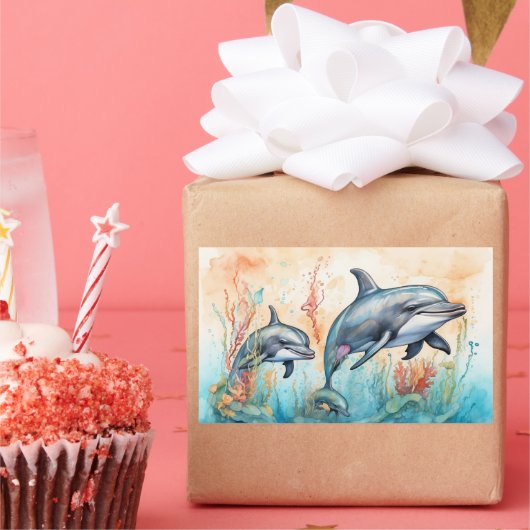 Watercolor dolphins art print rechthoekige sticker (Feest)